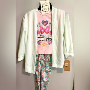 New 3pc Girls Outfit - Shirt, Cardigan/Sweater, Leggings - Floral Butterfly